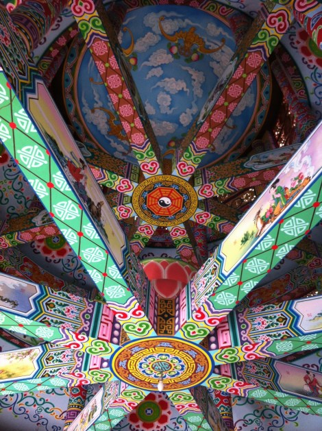 the ceiling at a temple in Kanchanaburi, Thailand